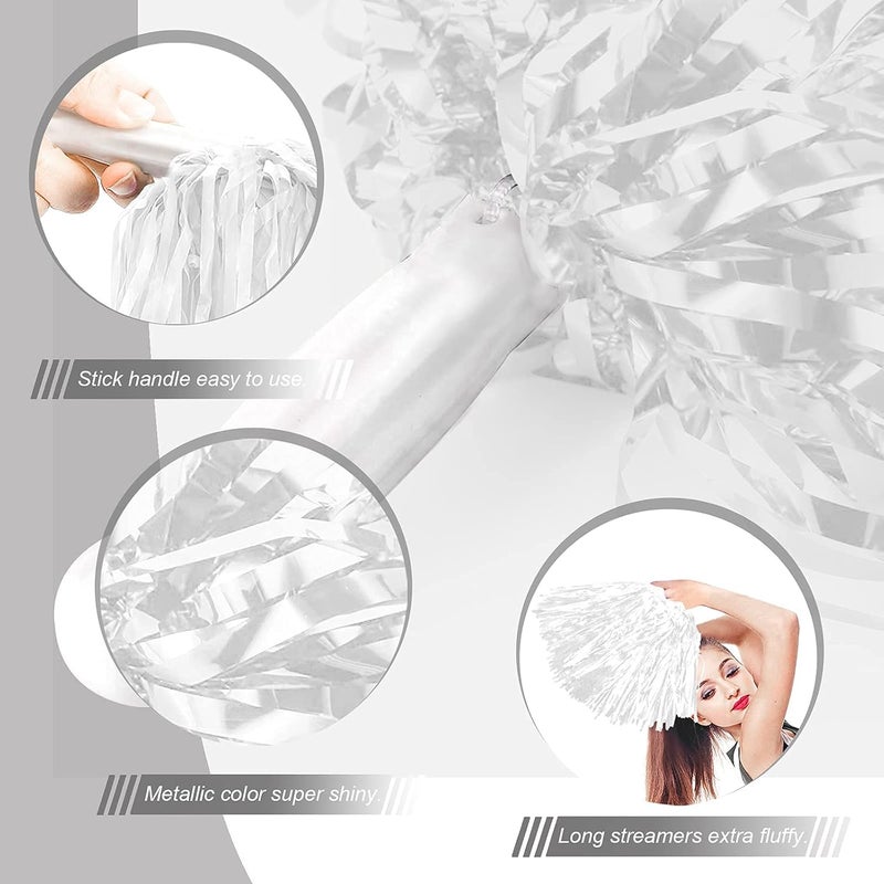 DILIBRA 24 Pcs Metallic Cheerleading Pom Poms for Kids, Cheerleaders Cheer Pom Poms with Baton Handle, Cheering Squad Hand Flower for Adults Team Spirit Sports Game Dancing Party - Image 3